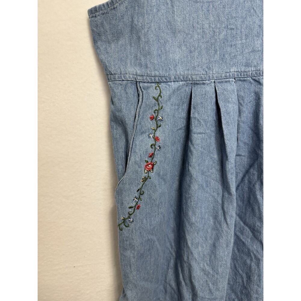 VTG Denim Jean Jumper Dress Floral Embroidered L Prairie Modest Cottage Grandma - Picture 3 of 7